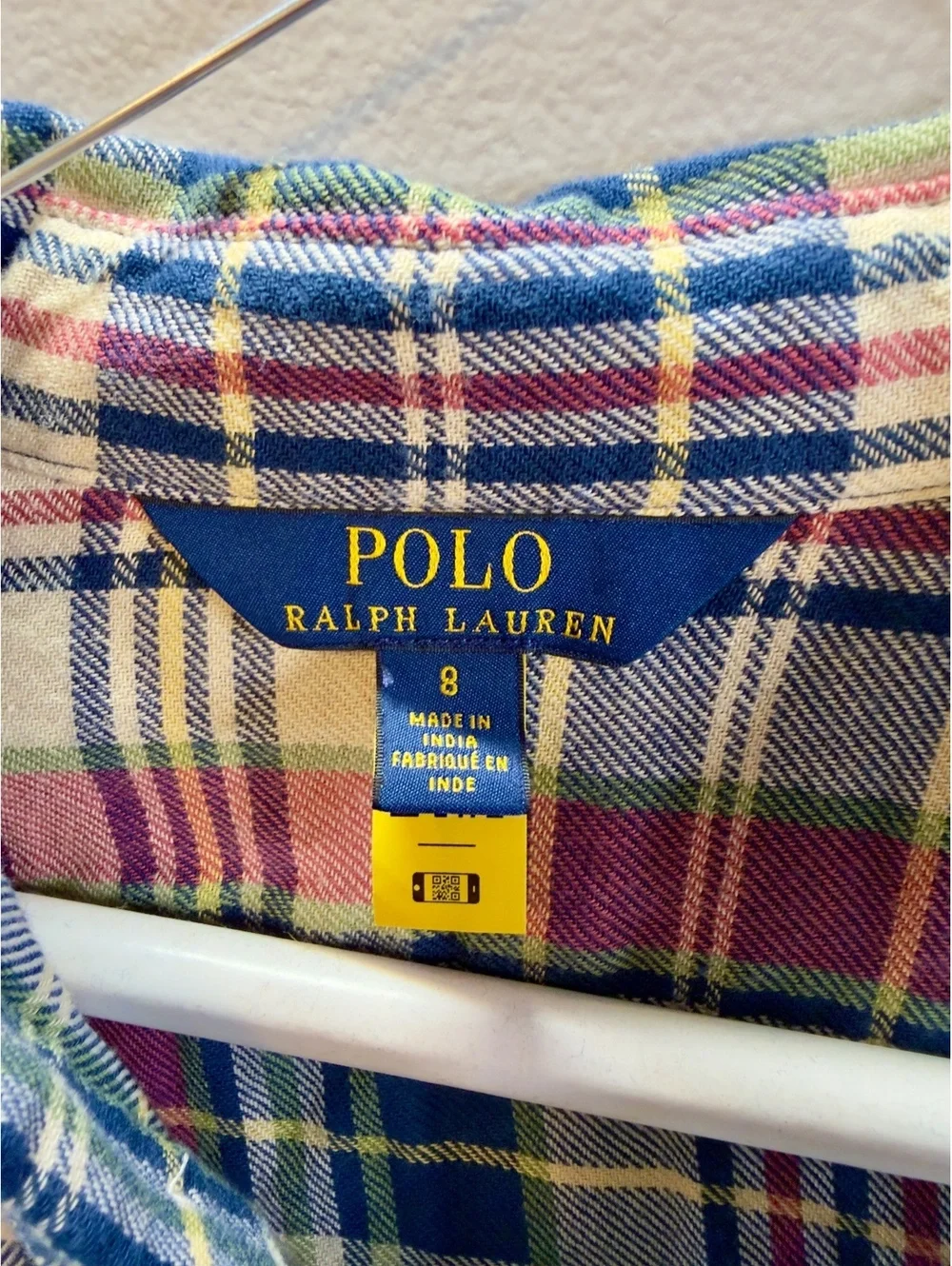 Girls Polo Ralph Lauren flannel shirt dress,blue, yellow and pink  plaid. Size 8
